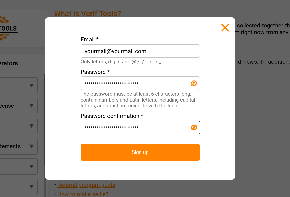 Registration modal on Verif Tools